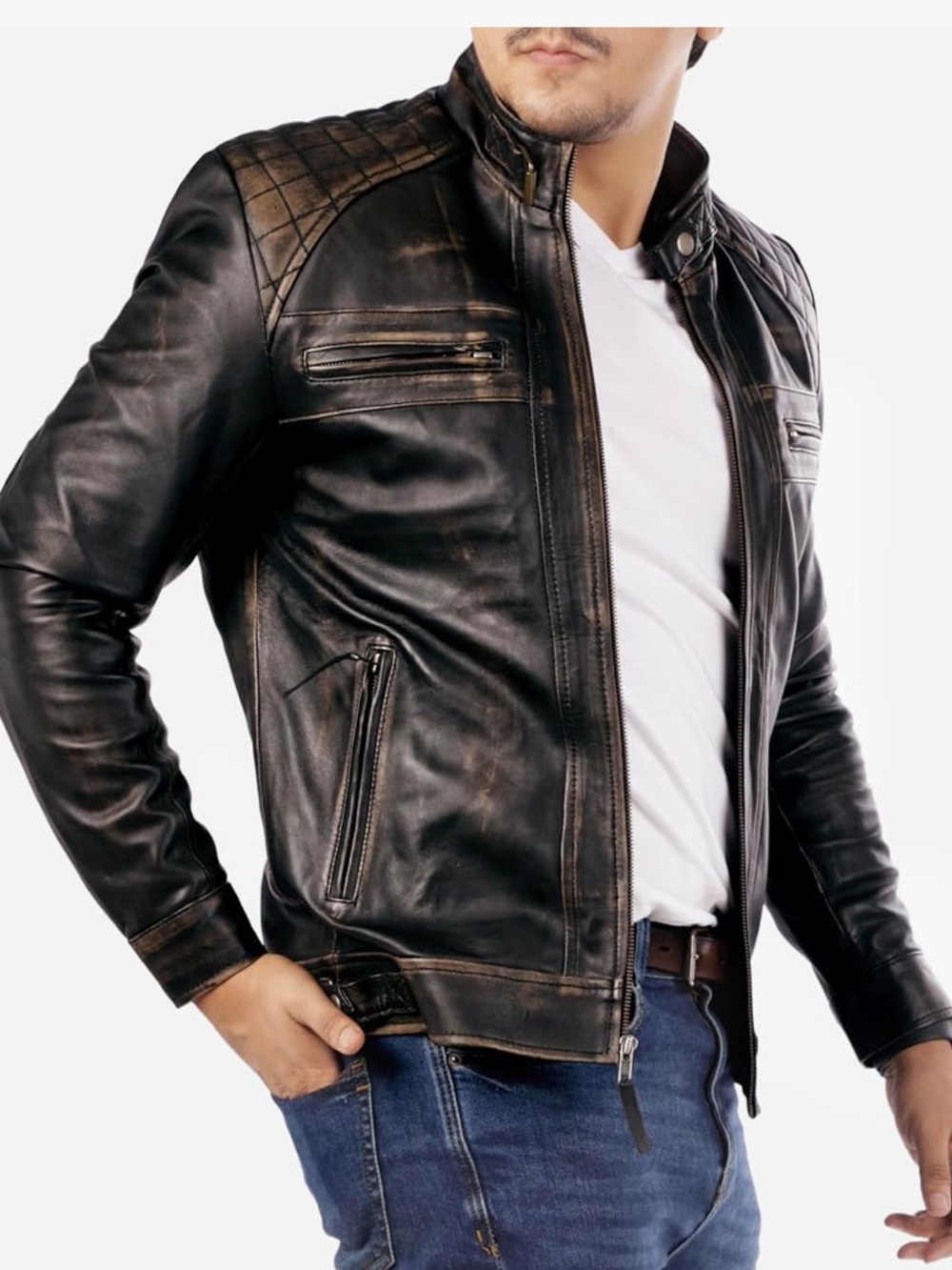 Men's Black Leather Performance Jacket with Quilted Shoulders